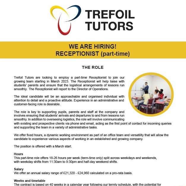WE ARE RECRUITING: RECEPTIONIST (PART-TIME)