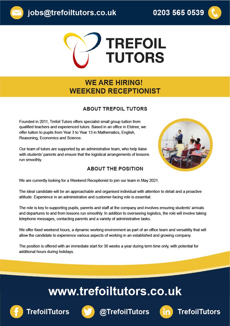 Weekend receptionist job advert - Trefoil Tutors May 2021-01.jpg