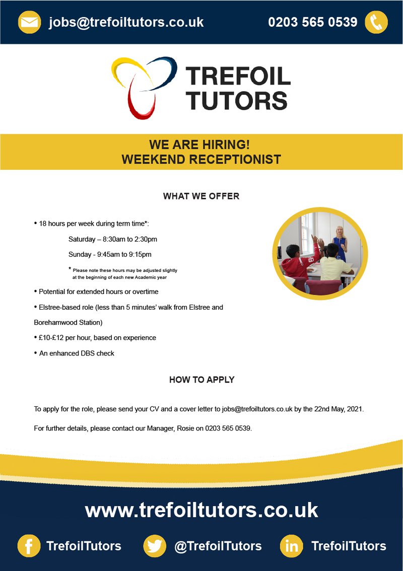 Weekend receptionist job advert - Trefoil Tutors May 2021-02.jpg